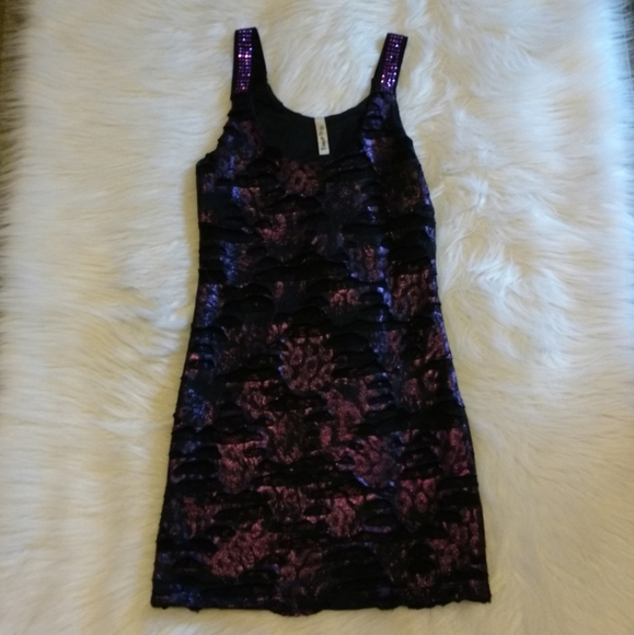 Sexy Metallic Purple Slasher Rhinestone Bodycon Mini Yoyo5 Dress - Picture 4 of 17